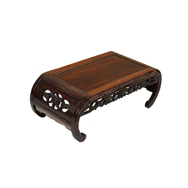 1960s Dark Brown Flower Motif Apron Scroll Leg Low Kang Coffee Table For Sale - Image 5 of 10