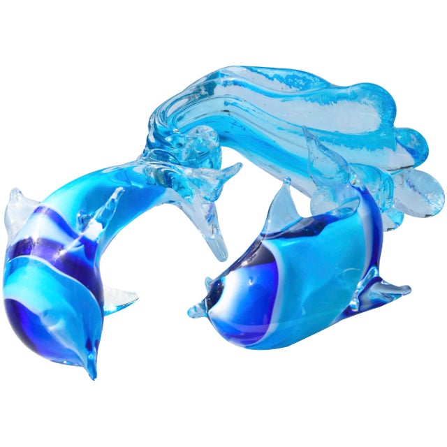 Glass Vintage Blue Murano Dolphins-On-Wave Italian Art Glass Sculpture For Sale - Image 7 of 11