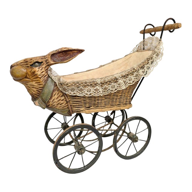 Antique American Wicker & Composition Rabbit-Form Figural Doll Carriage With Original Lining For Sale