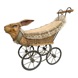 Antique American Wicker & Composition Rabbit-Form Figural Doll Carriage With Original Lining