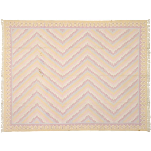 Vintage Boho Chic Dhurrie Area Rug With Pastel Colors - 9'2 X 11'10 For Sale