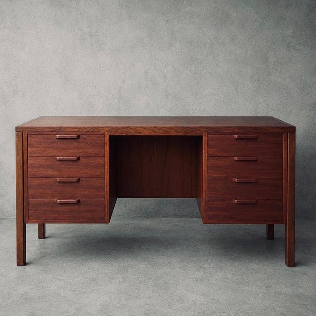 A beautifully proportioned mid-century twin pedestal desk by Alfred Cox , showcasing the clean architectural lines and...