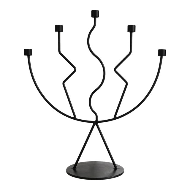 Sculptural Black Metal Five-Arm Candelabra For Sale