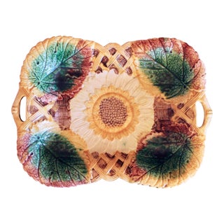 Sunflower and Begonia Leaf English Majolica Serving Dish For Sale