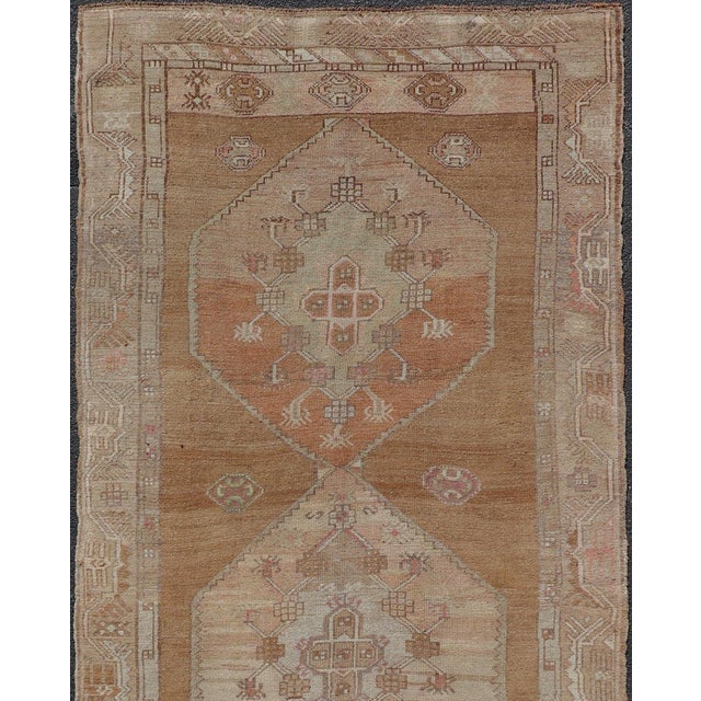 Vintage Turkish Kars Gallery Runner With Geometric Medallions in Soft Earth Tone For Sale - Image 4 of 13