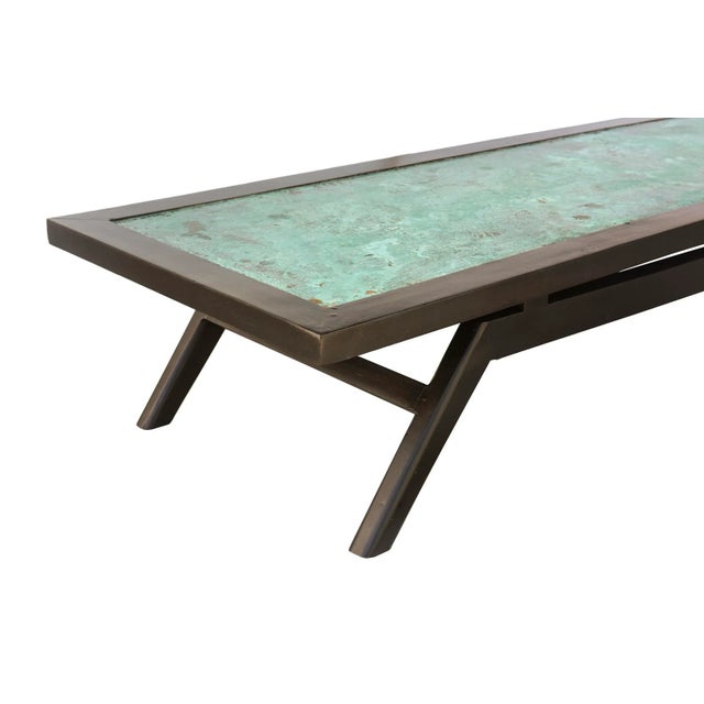 1960s Vintage 60's Rectangular Cocktail Table With Stained Black Wood and Patinated Copper Oxidized Turquoise Top For Sale - Image 5 of 10
