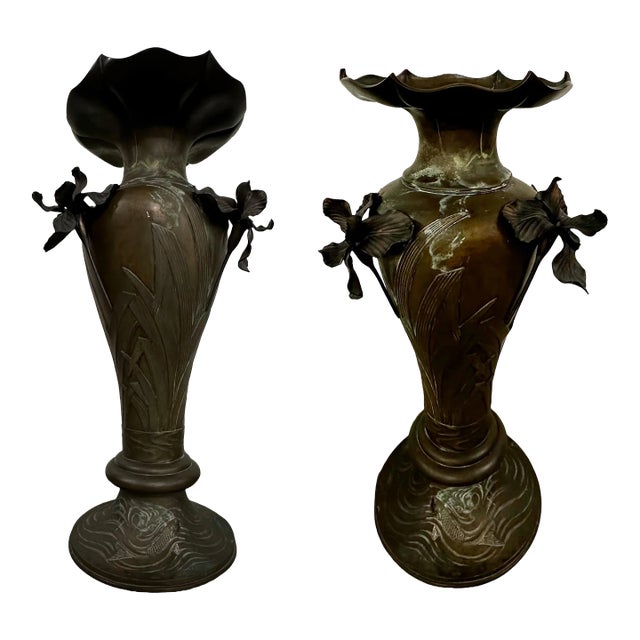 Pair of Antique Monumental Bronze Vases With Iris Motif and Koi Fish Detailing at Bases For Sale