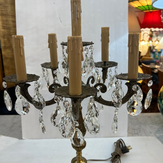 English Bronze Crystal and Marble Electrified Tabletop Candelabra Lamp For Sale - Image 3 of 12