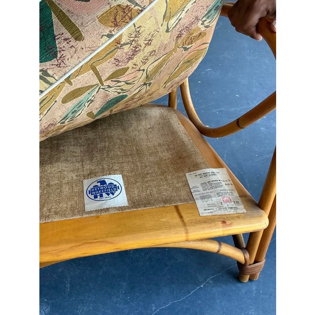 1950s Vintage 1950s Heywood Wakefield MCM Bent Rattan Lounge Chair - One Owner, Original Fabric For Sale - Image 5 of 5