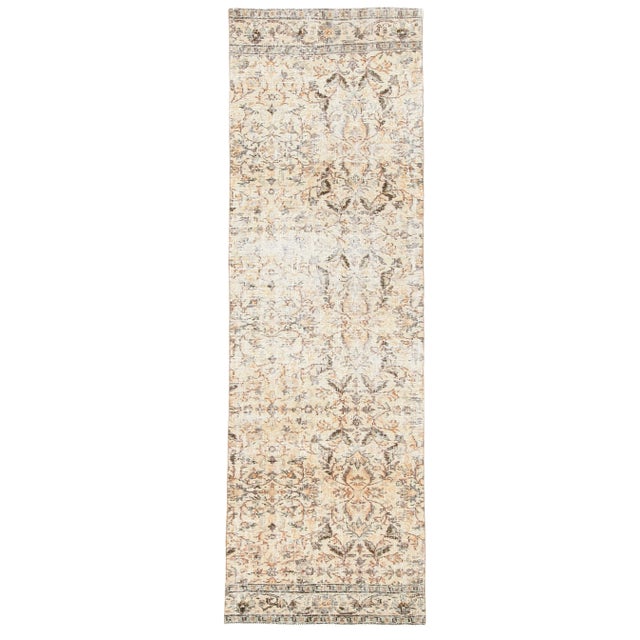 Vintage Floral Runner Rug in Beige and Brown For Sale