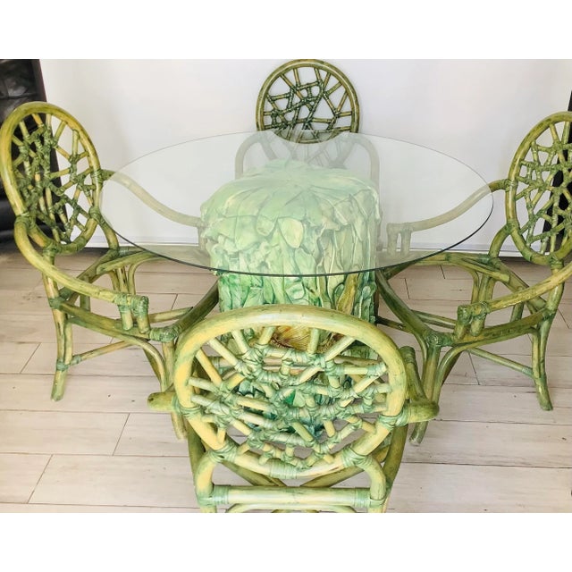Hollywood Regency McGuire Cracked Ice Rattan Dining Set - Set of 5 For Sale - Image 3 of 11