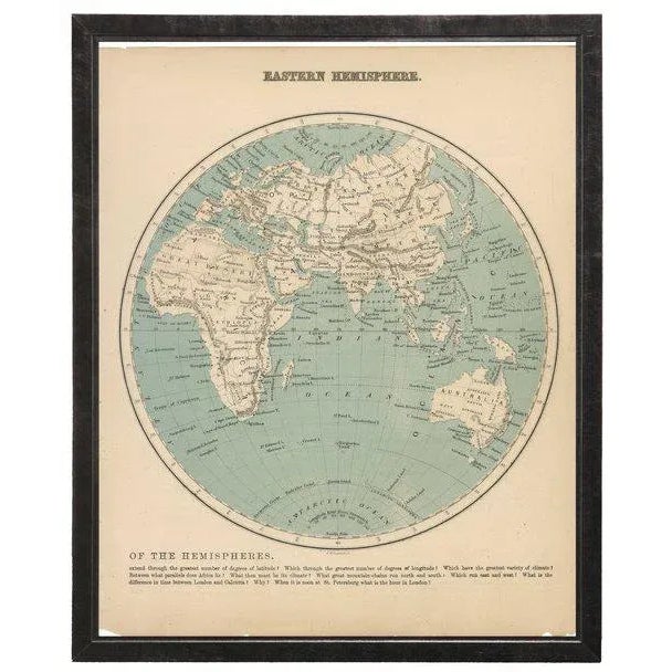 Presenting an Eastern hemisphere map framed in a pewter shadowbox