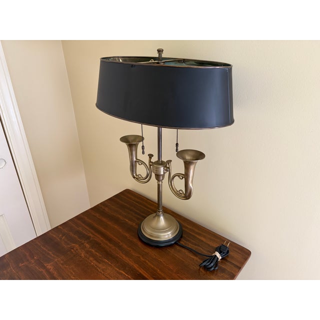 French Country Mid 20th Century English Country Brass Horn Bouillotte Lamp With Black Tole Shade For Sale - Image 3 of 13