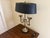 French Country Mid 20th Century English Country Brass Horn Bouillotte Lamp With Black Tole Shade For Sale - Image 3 of 13