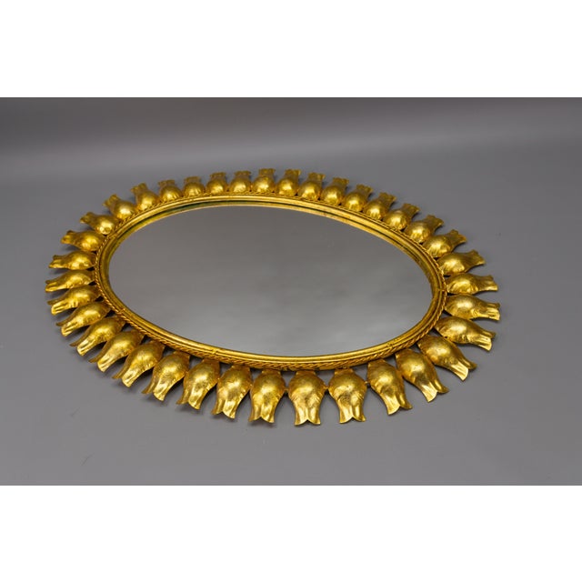 Mid-Century Gilt Metal Oval Sunburst Wall Mirror, 1950s For Sale - Image 9 of 18