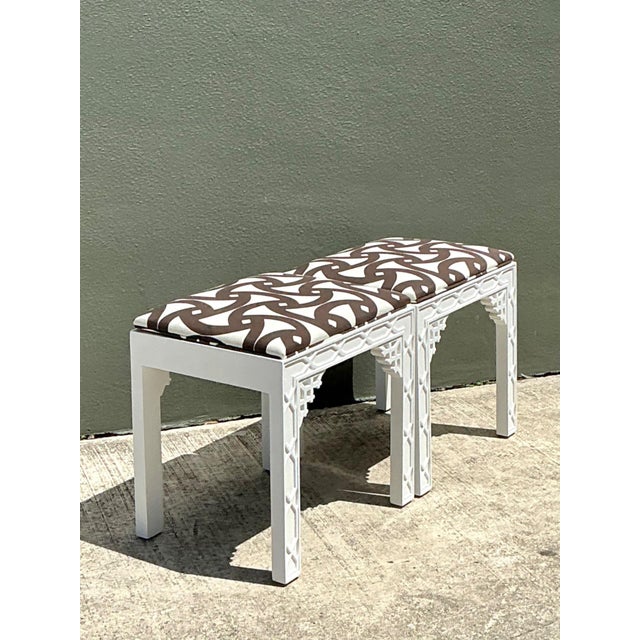 Chinoiserie Vintage White and Brown Fretwork Upholstered Stools - A Pair For Sale - Image 3 of 12
