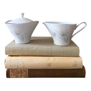 1950s Hutschenreuther Caribe Creamer and Covered Sugar Bowl German Porcelain White Blue Gray Platinum Rim Minimalist For Sale