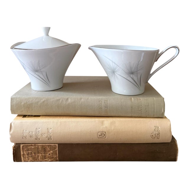 1950s Hutschenreuther Caribe Creamer and Covered Sugar Bowl German Porcelain White Blue Gray Platinum Rim Minimalist For Sale