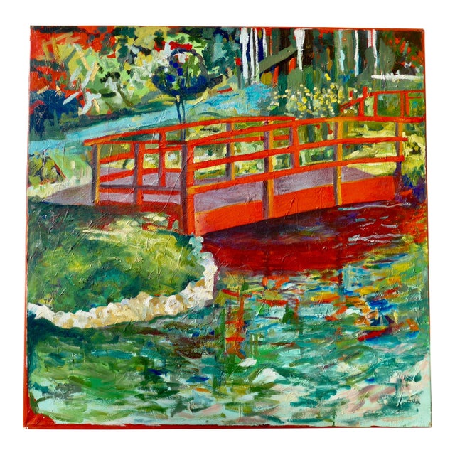 "Japanese Bridge on the Lily Pond" Framed Contemporary Impressionist Oil Painting For Sale
