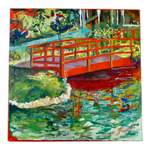 Monumental "Japanese Bridge on the Lily Pond" Framed Contemporary Impressionist Oil Painting