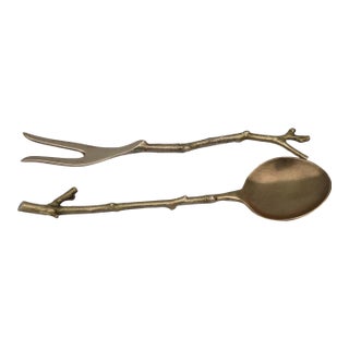 Vintage Botanical Brass Branch Fork and Spoon Serving Set For Sale
