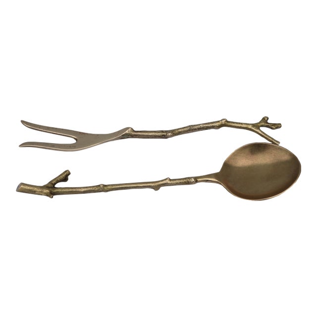 Vintage Botanical Brass Branch Fork and Spoon Serving Set For Sale