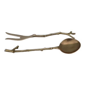 Vintage Botanical Brass Branch Fork and Spoon Serving Set