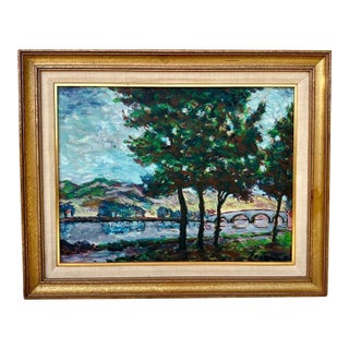 Mid-Century Roger Etienne Impressionist Landscape River, Trees & Arched Bridge, Oil on Board, c.1950s For Sale