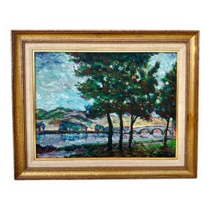 Mid-Century Roger Etienne Impressionist Landscape River, Trees & Arched Bridge, Oil on Board, c.1950s