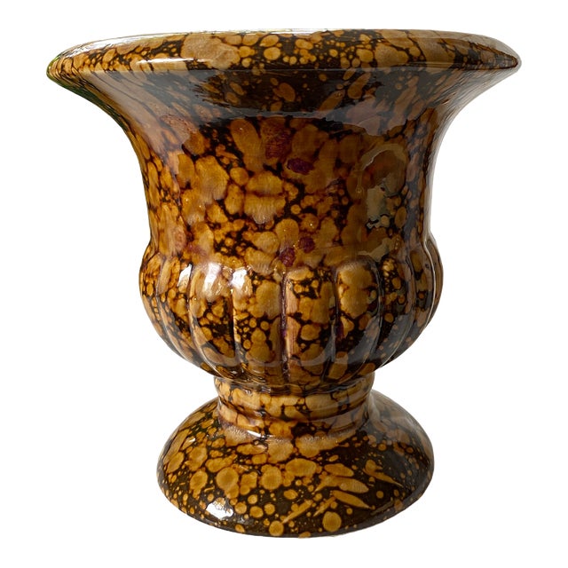 1970s Vintage Brown and Golden Beige Splatter Glazed Speckle Finished Ceramic Urn For Sale
