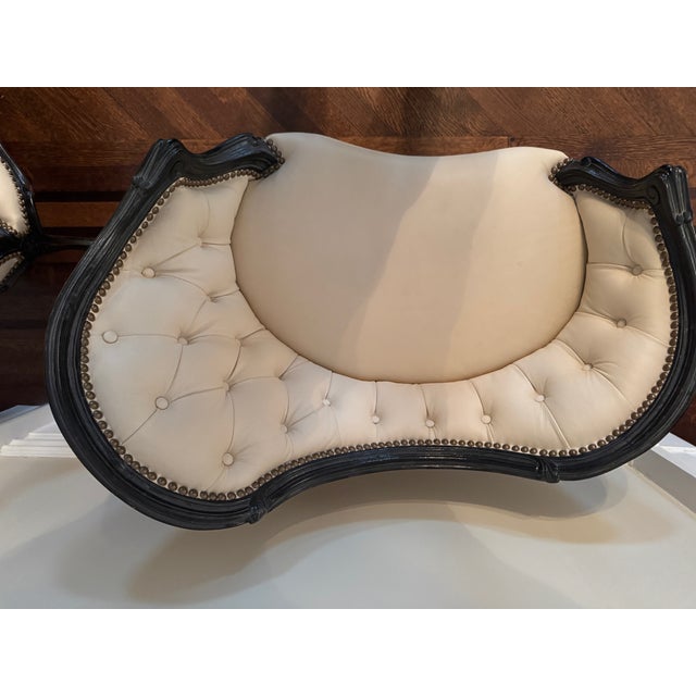 Wood Unique Carved Mahogany Mini Settees With Tufted Leather/Slipper Chair/Bench - Manufacturer Samples For Sale - Image 7 of 7