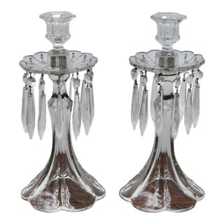 Vintage Art Nouveau Style Pair of Crystal Candlesticks W/Hanging Prisms For Sale