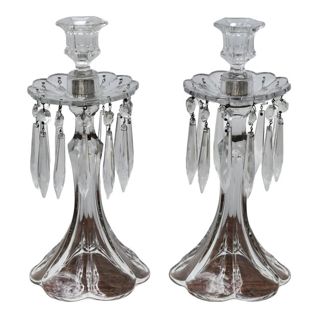 Vintage Art Nouveau Style Pair of Crystal Candlesticks W/Hanging Prisms For Sale
