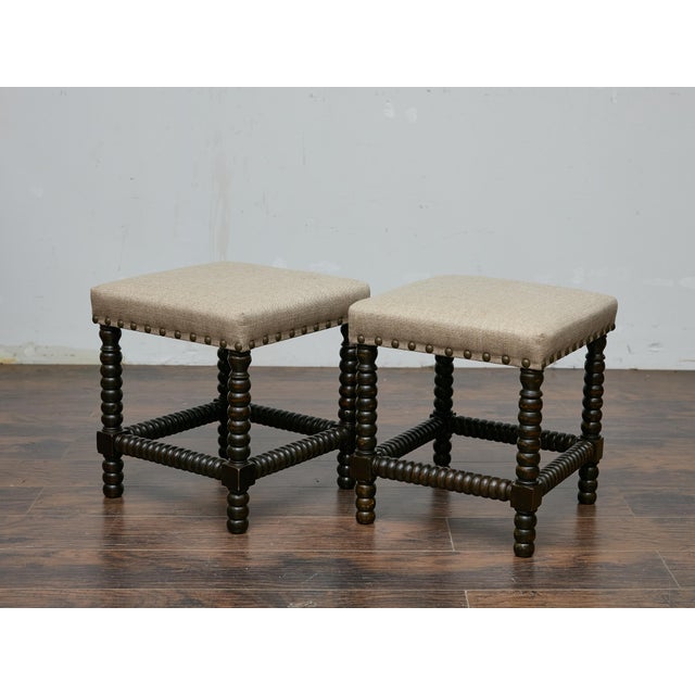 English Pair of English 19th Century Ebonized Bobbin Stools with Custom Linen Upholstery For Sale - Image 3 of 9