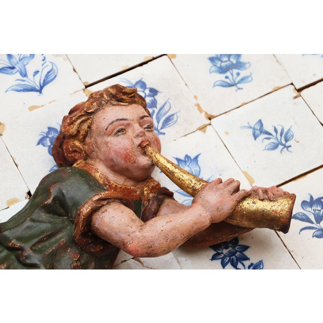 Baroque Antique Cherub Musician Playing a Golden Bugle, 18th Century, Portuguese For Sale - Image 3 of 14