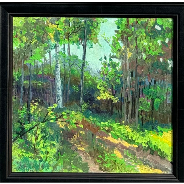 Original painting depicting a lush forest path and dappled light through the trees. This impressionist piece features rich...