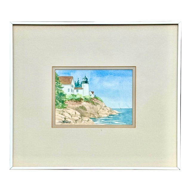 Vintage Coastal Watercolor Bass Harbor Maine Lighthouse Painting - Signed “Sabaka” For Sale