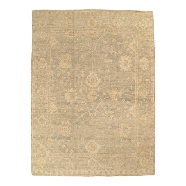 Vintage Oushak Carpet, Oriental Rug, Handmade Green Grey, Ivory, Saffron For Sale