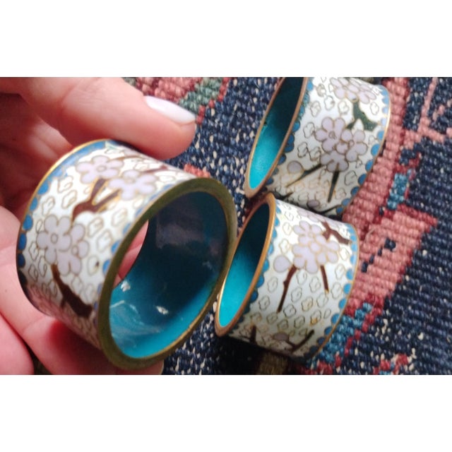 1960s Vintage Chinese Cloisonne Napkin Rings Brass Enamel Butterfly & Flowers - Set of 6 For Sale - Image 5 of 7
