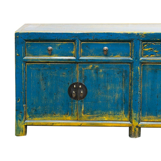 Distressed Bright Blue Oriental Sideboard Credenza Console Table Cabinet For Sale - Image 9 of 18
