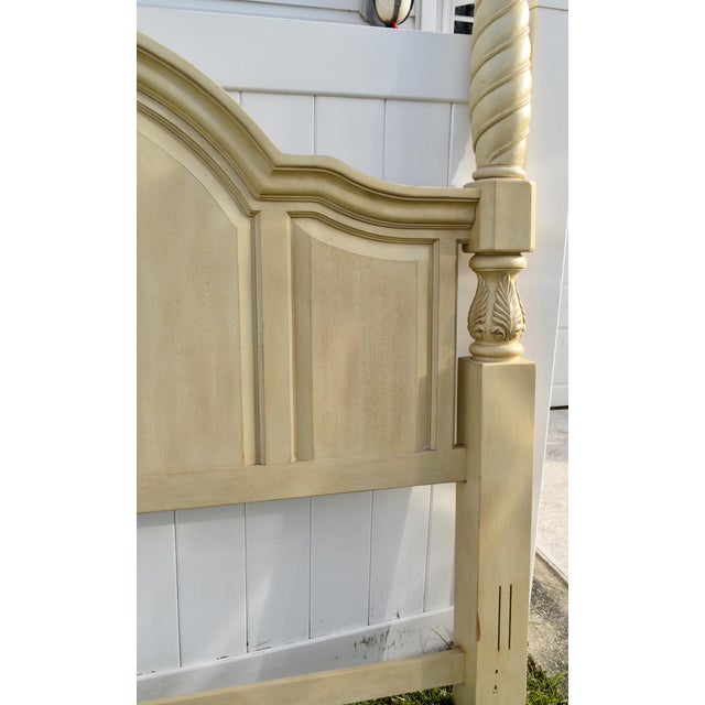 Vintage (1990's) King Poster Heaboard has a Venetian Style. Made of Wood - Mahogany. Carved. Distressed Off White Finish....