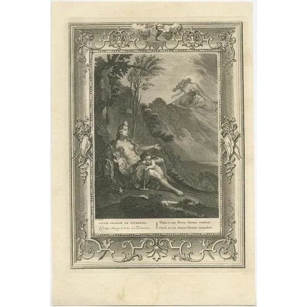 Antique print titled 'Clytie changée en Tournesol (\.)'. This print depicts Clytia turning into a sunflower. Clytia (or...