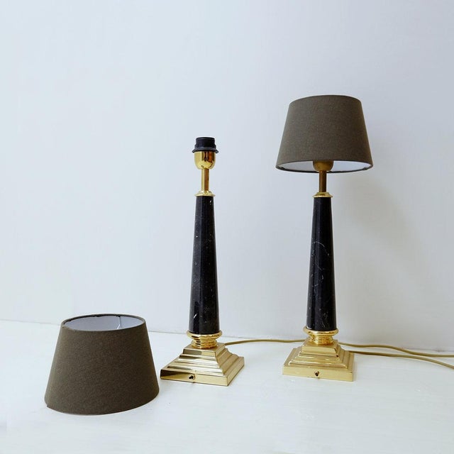 Brass Table Lamps with Black Marble Column, Set of 2 For Sale - Image 5 of 11