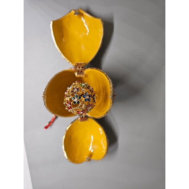 Metal Vintage Keren Kopal Red Roses Faberge Trinket Crystal/Cliosenne Egg With a Surprise Colorful Swarovski Crystal Jewel Tree Inside and 24k Gold Plating For Sale - Image 7 of 8