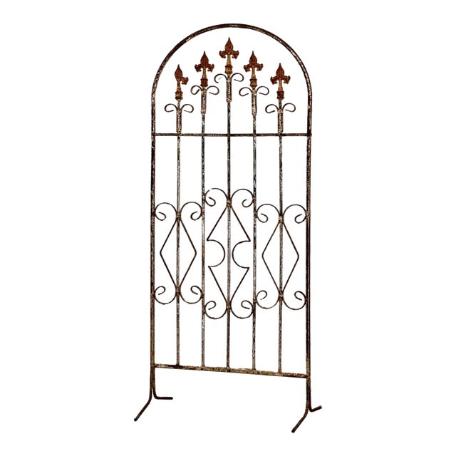 Free Standing Wrought Iron Arched Trellis With Weathered White Paint, 20th Century For Sale