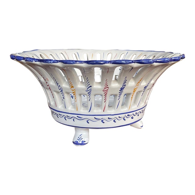 Majolica Alcobaca Multi-Color & White Portuguese Footed Fruit Bowl For Sale