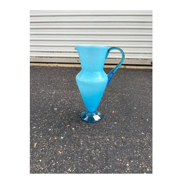 New old stock!! BALBOA Italian Sky Blue Glass Vase / Ewer with Original Label 12 inches height. size: 12 in. x 7.25 in.
