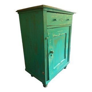 Vintage Solid Romanian Knotty Pine Cabinet With Distressed Turquoise Painted Finish For Sale