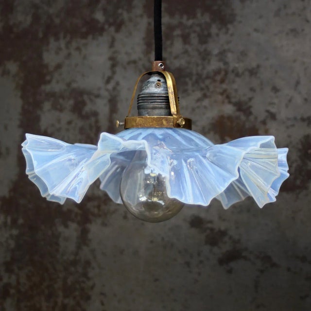 1920s Art Nouveau French Pearl Blue Glass Pendant Light, 1920s For Sale - Image 5 of 7