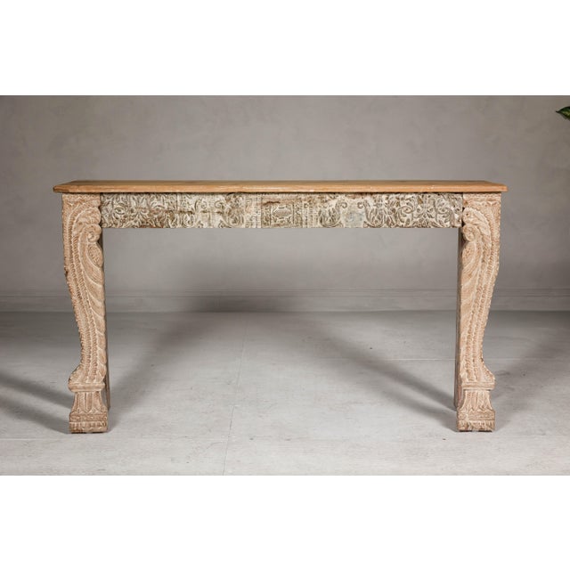 Mughal Style Whitewash Console Table with Foliage Carved Apron and Legs For Sale In New York - Image 6 of 12